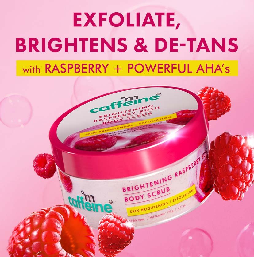 mCaffeine Brightening Raspberry Body Scrub with AHAs, Niacinamide | Vit C Rich - 175g
